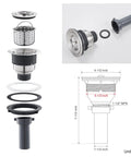Exploded view of basket strainer fitting components for 15 Inch Black Bar Sink Drop In Topmount or Overmount Single Bowl Prep Kitchen Sink.
