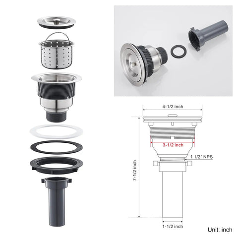 Exploded view of basket strainer fitting components for 15 Inch Black Bar Sink Drop In Topmount or Overmount Single Bowl Prep Kitchen Sink.