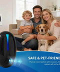 Family with dog and child sitting by Upgraded Ultrasonic Pest Repeller Indoor Plug In With 3 Mode Switching 6 Pack on wall.