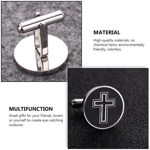 Cross Cufflinks For Men Stainless Steel 2 Pairs Decorative Shirt Fasteners with black cross design on polished metal.
