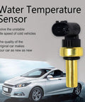 Water temperature sensor with brass stem and black connector for automotive use.