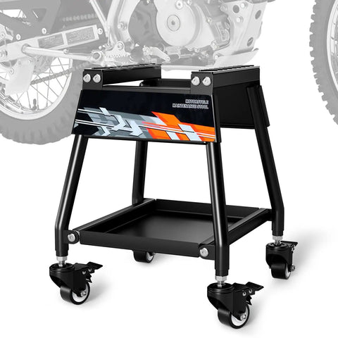 Heavy Duty Universal Dirt Bike Stand With 1100 Lb Capacity, Detachable Lift For Maintenance And Tire Changes, Fits Most Dirt Bikes And E Bikes Including Surron Tuttio MX And Enduro Dual Sport, Anti Slip Steel Hoist, shown with wheels and sturdy frame
