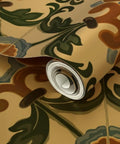Distressed Tiles Gold Metallic Wallpaper Fibrous Texture adds high end glam, revealing intricate floral patterns on a gold base.