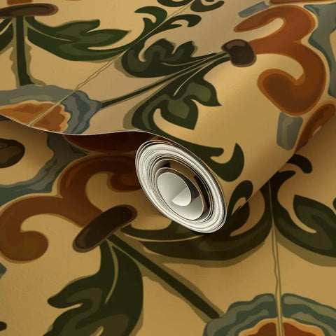Distressed Tiles Gold Metallic Wallpaper Fibrous Texture adds high end glam, revealing intricate floral patterns on a gold base.