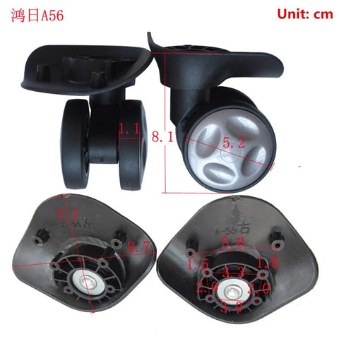 Premium Rock Solid Replacement Luggage Wheels With Dual Spring Suspension For Suitcases And Drawbar Cases showing black wheels with measurements.