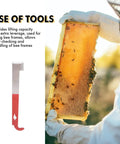 Beekeeping Hive Tools Set Pro Grade With Stainless Steel J Hook shown next to beekeeper holding honeycomb frame.