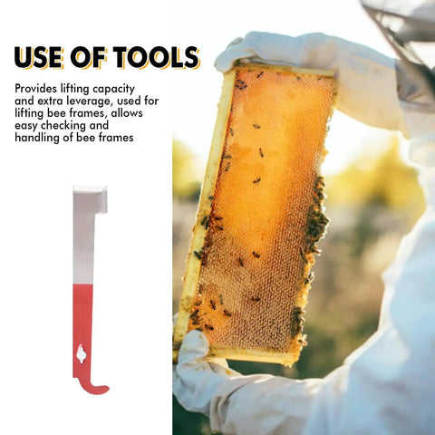 Beekeeping Hive Tools Set Pro Grade With Stainless Steel J Hook shown next to beekeeper holding honeycomb frame.