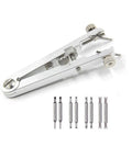 6825 Spring Bar Pliers Tool Set For Watch Bands with V type tips and pin remover attachment detail, silver metal