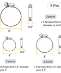Diagram of 6-piece 304 stainless worm-drive hose clamps: 4", 5", 6" sizes, two per size, 0.5" wide.
