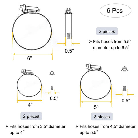 Diagram of 6-piece 304 stainless worm-drive hose clamps: 4", 5", 6" sizes, two per size, 0.5" wide.