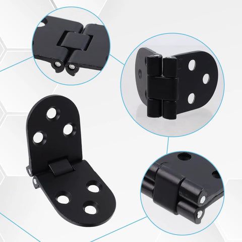 4 Pack Folding Flip Top Hinges For Sewing Tables 3.1 X 1.2 In Black Zinc Alloy, Heavy Duty, Opens 180 Degrees, Closes Flush, 55 Lb Weight Capacity, Includes Screws, Durable Table Extension Hardware. Black folding hinge close-up with screw holes