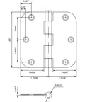Three And A Half Inch Door Hinges With Five Eighth Inch Radius Corner In Oil Rubbed Bronze Heavy Duty Steel Construction Three Pack For Interior And Exterior Doors Smooth Operation And Lasting Finish For Easy Install. dimensioned hinge drawing with 3.5 in size and 5/8 in radius corners