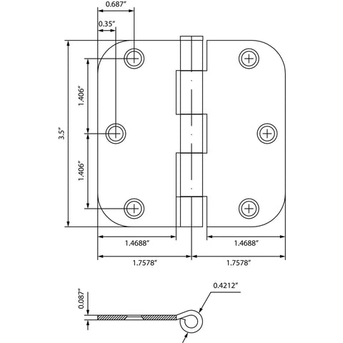 Three And A Half Inch Door Hinges With Five Eighth Inch Radius Corner In Oil Rubbed Bronze Heavy Duty Steel Construction Three Pack For Interior And Exterior Doors Smooth Operation And Lasting Finish For Easy Install. dimensioned hinge drawing with 3.5 in size and 5/8 in radius corners