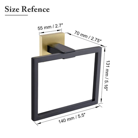 Dope Black And Gold Stainless Steel Towel Ring Wall Mount Square Hand Towel Holder for Bathroom size dimensions shown