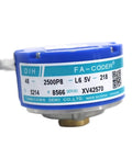 Close-up of 5V Servo Motor Encoder 2500P R For TS5214N566 And TS5214N8566 Models with blue casing showing label details.