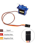 Six Pack SG90 9G Micro Servo Motors Kit For RC detail with connectors and wire color guide for robot arm helicopter airplane car boat control