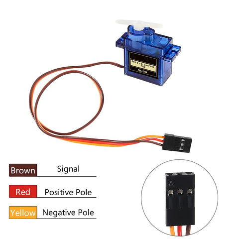 Six Pack SG90 9G Micro Servo Motors Kit For RC detail with connectors and wire color guide for robot arm helicopter airplane car boat control