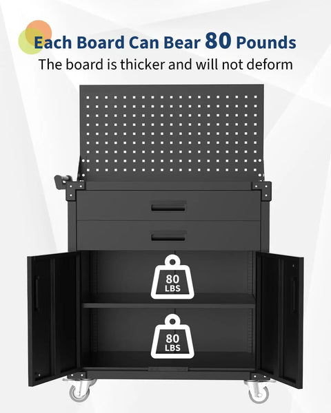 Heavy Duty Rolling Tool Cabinet With Two Drawers, Pegboard And Four Locking Wheels For Garage, Workshop Or Warehouse