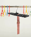 Set Of 2 Black Mens Belt And Tie Hangers To Keep Your Closet Swag On Point, black hook rack hanging a leather belt.