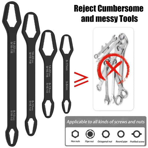 Self Tightening Multifunctional Wrench Set Four Piece Universal Wrenches 8 To 22 mm Chrome Vanadium Steel Built Tough