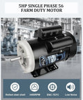 Five Horsepower Single Phase Farm Duty Electric Motor, 3450 RPM, 56 Frame, 208 To 230 Volts, 60 Hertz, Shaft Diameter Five Eighths Inch, CW CCW TEFC, Rolled Steel Housing, Built For Rugged Farm Equipment