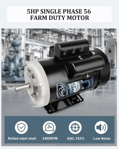 Five Horsepower Single Phase Farm Duty Electric Motor, 3450 RPM, 56 Frame, 208 To 230 Volts, 60 Hertz, Shaft Diameter Five Eighths Inch, CW CCW TEFC, Rolled Steel Housing, Built For Rugged Farm Equipment