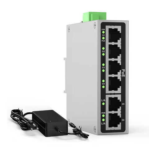 Rugged Industrial 4 Port Full Gigabit PoE Switch With 60W UL Power Supply 2 Gigabit Uplink Ports DIN Rail Mount 6 Port PoE Switch