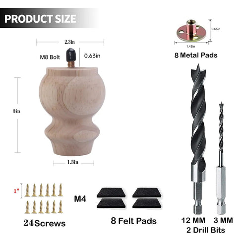 Top Shelf 3 Inch Smooth Wooden Bun Feet For Furniture Fixer Upper Set Of 8 With M8 Bolts Metal Mounting Plates And Felt Pads For Dresser Couch Sofa Diy Revamp with product dimensions and accessories shown.
