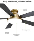 Straight Up Stunning 52 Inch Low Profile Gold Ceiling Fan With Huge LED Light Panel Plus Smart App Remote Control, showing motor and blades.