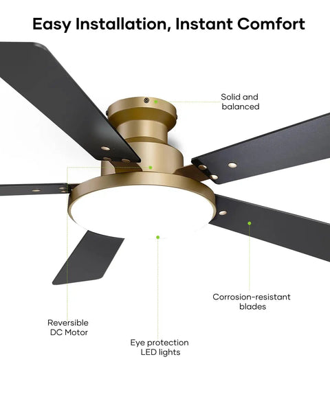 Straight Up Stunning 52 Inch Low Profile Gold Ceiling Fan With Huge LED Light Panel Plus Smart App Remote Control, showing motor and blades.