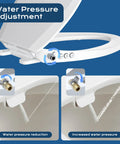 White Elongated Bidet Toilet Seat With Soft Close Lid Dual Front Wash Nozzles Adjustable Pressure Dial for water pressure control.