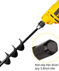 Garden Auger Drill Bit For Bulbs And Bedding Plants, 1.8 By 15 Inch, attached to yellow drill, hex drive close-up
