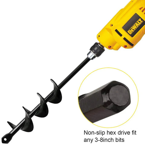 Garden Auger Drill Bit For Bulbs And Bedding Plants, 1.8 By 15 Inch, attached to yellow drill, hex drive close-up