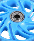 Close-up of blue 120mm LED inline skate wheel with bearings for outdoor and indoor use. Focus on durable plastic core.