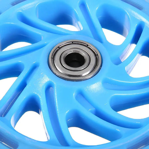 Close-up of blue 120mm LED inline skate wheel with bearings for outdoor and indoor use. Focus on durable plastic core.