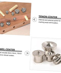 16 Piece Shelf Pin Drilling Jig And Dowel Center Points Kit For Smooth Woodworking Projects Plus Pro Grade Tenon Alignment Tool showing tenon and dowel center points on wood.