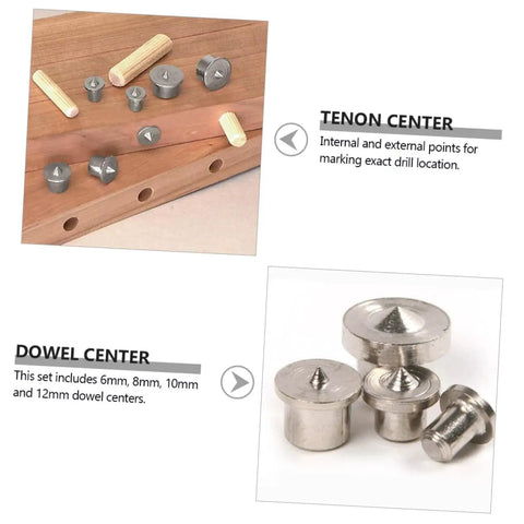 16 Piece Shelf Pin Drilling Jig And Dowel Center Points Kit For Smooth Woodworking Projects Plus Pro Grade Tenon Alignment Tool showing tenon and dowel center points on wood.