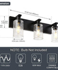 Three Light Vanity Bathroom Light Fixture Over Mirror Black Finish With Cylinder Seeded Glass Shades in dimensions view