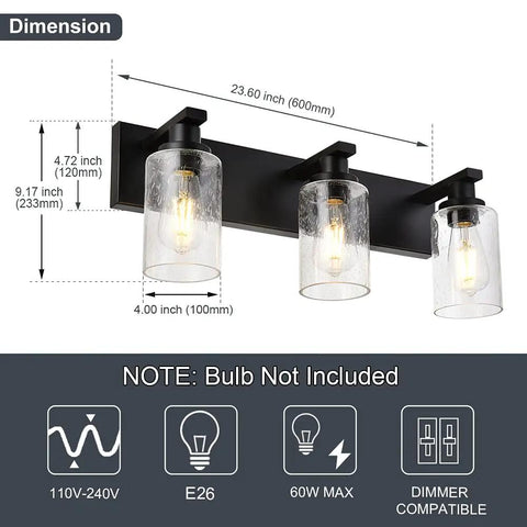 Three Light Vanity Bathroom Light Fixture Over Mirror Black Finish With Cylinder Seeded Glass Shades in dimensions view