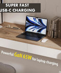 Gotta Love This Slick Recessed Power Strip Grommet Kit With 65W Fast Charging USB C And Type A Ports on wooden desk with laptop.