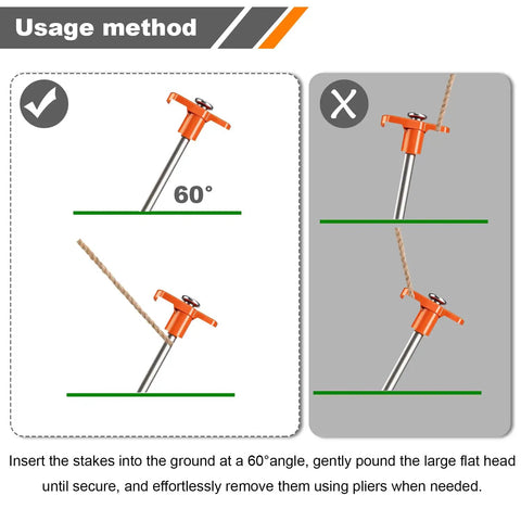 Usage instructions for Beefy Heavy Duty Camping Tent Stakes 12 Pack showing correct and incorrect insertion angles.