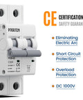 Front view of DC Miniature Circuit Breaker 32A 1000V 2P Solar DIN Rail Mount with safety guarantees visible, for solar panels and battery protection.