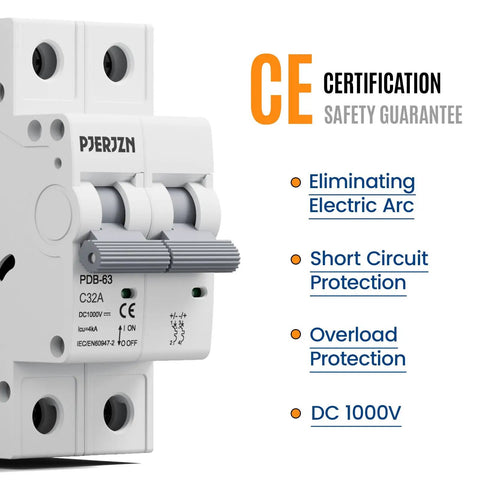 Front view of DC Miniature Circuit Breaker 32A 1000V 2P Solar DIN Rail Mount with safety guarantees visible, for solar panels and battery protection.