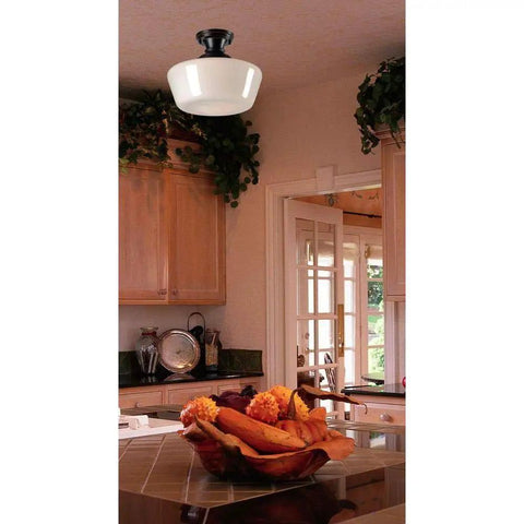Cambridge 1-Light Semi Flush Ceiling Fixture In Blackened Oil Rubbed Bronze installed in cozy kitchen, white glass shade