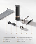 Portable Burr Coffee Grinder With 80 Precision Settings For Single Dose Brewing Compact Travel Mill Hella Sharp Grinds For Espresso Moka Pot And Pour Over Solid Sip Life On The Go with accessories including spoon and bag.