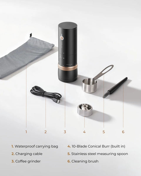 Portable Burr Coffee Grinder With 80 Precision Settings For Single Dose Brewing Compact Travel Mill Hella Sharp Grinds For Espresso Moka Pot And Pour Over Solid Sip Life On The Go with accessories including spoon and bag.