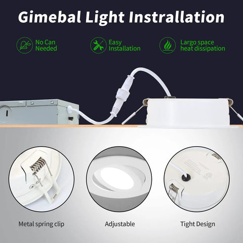 Installation instructions for 4 Inch LED Recessed Lights 10 Pack with Adjustable Eyeball Gimbal, junction box, tight design.