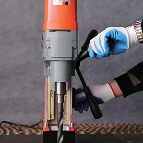 Heavy Duty Mag Drill Kit For Steel Plate Metal Fabrication with annular cutter in operation by a user.