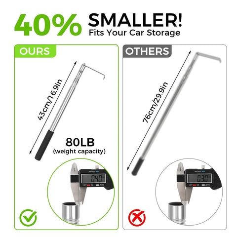 Bed Buddy Truck Tool Adjustable 16 To 37 Inch Cargo Grabber comparison showing smaller size and weight capacity with sturdy steel hook.