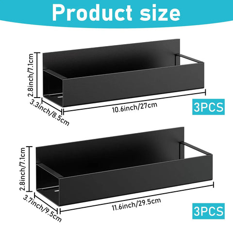 Product size dimensions for Magnetic Spray Can Holder Set Six Pack Wall Mount Rack For Spray Cans Paint Cans Bottles And Cleaners Easy Access Tool Organizer For Garage And Home Workshop Black Finish showing two black racks.
